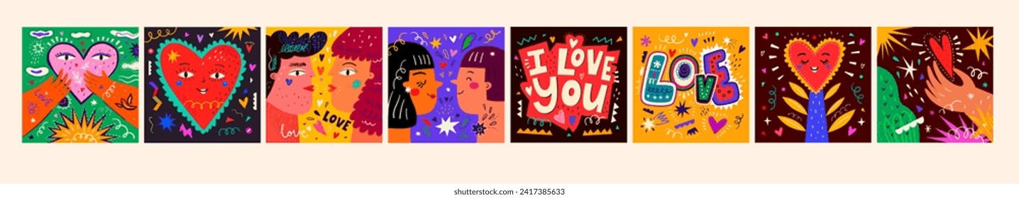 Creative vector illustration for theme of love. Valentines Day illustrations. Collection of 8 bright funny cards with hearts and people for Valentines Day