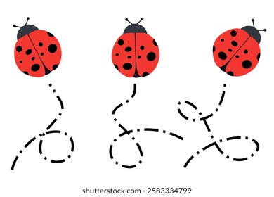 Creative vector illustration of three ladybugs flying with dashed line trails. Perfect for children's designs, nature-themed graphics, and educational materials