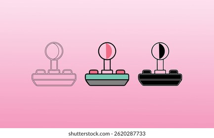 Creative vector illustration of three retro joystick designs on a gradient pink background, representing vintage gaming and minimalistic artistic interpretation with contrasting colors.