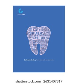 Creative vector illustration of a tooth silhouette filled with typography related to dental care and oral hygiene. Words like “Diagnose,” “Whitening,” “Convenience,” “Smile,” “Comfort,