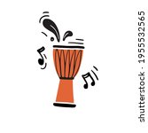 Creative vector illustration of traditional percussion instrument called djembe drum with black abstract notes hand drawn in minimalist flat style playing authentic music during concert