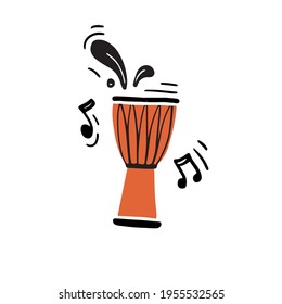 Creative Vector Illustration Of Traditional Percussion Instrument Called Djembe Drum With Black Abstract Notes Hand Drawn In Minimalist Flat Style Playing Authentic Music During Concert