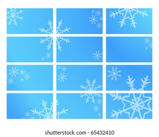 Creative vector illustration of twelve blue cards with snowflakes