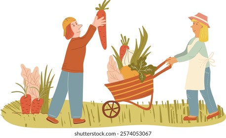 Creative vector illustration of two farmers harvesting and transporting fresh vegetables with wheelbarrow. Depicts sustainable farming practices and local food production in flat style.