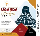 Creative vector illustration for Uganda Martyrs’ Day showcasing the iconic Namugongo shrine, bold corporate typography, patriotic Ugandan colors, and inspirational faith-based celebration artwork design.