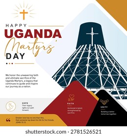 Creative vector illustration for Uganda Martyrs’ Day showcasing the iconic Namugongo shrine, bold corporate typography, patriotic Ugandan colors, and inspirational faith-based celebration artwork design.