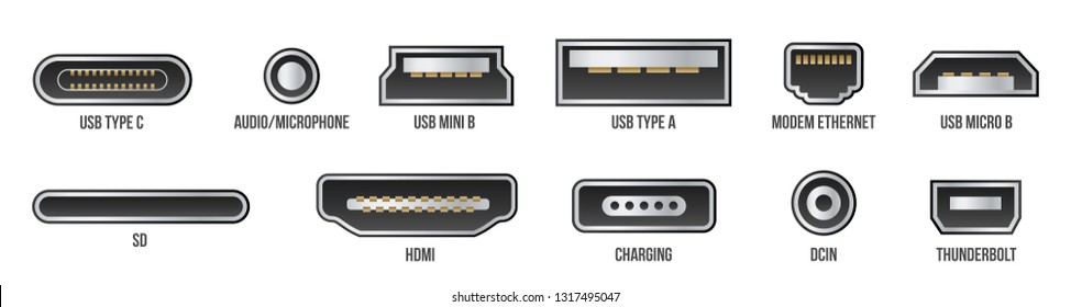 Creative vector illustration of usb computer universal connectors icon symbol isolated on transparent background. Mini, micro, lightning, type A, B, C plugs design. Abstract concept graphic element