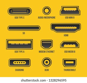 Creative vector illustration of usb computer universal connectors icon symbol isolated on transparent background. Mini, micro, lightning, type A, B, C plugs design. Abstract concept graphic element