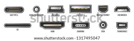 Creative vector illustration of usb computer universal connectors icon symbol isolated on transparent background. Mini, micro, lightning, type A, B, C plugs design. Abstract concept graphic element