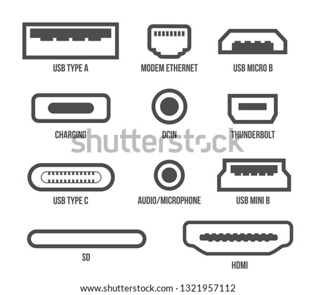 Creative vector illustration of usb computer universal connectors icon symbol isolated on transparent background. Mini, micro, lightning, type A, B, C plugs design. Abstract concept graphic element