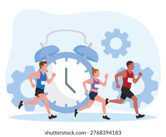 Creative vector illustration using marathon runners as a metaphor for time management, efficiency, and meeting deadlines. Ideal for business productivity and fast-paced lifestyle concepts.