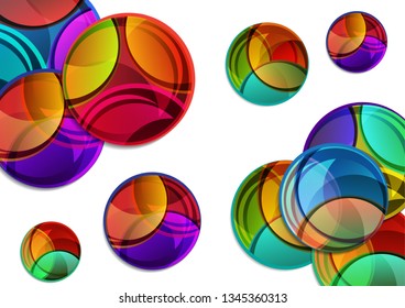 Creative vector illustration of a variety of bright multicolor circles with shadow. The overlay of colors forms the artistic design. Funny label shape. Graphic element for advertising or print