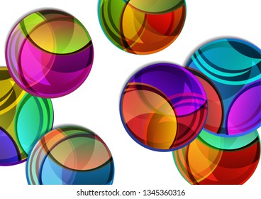 Creative vector illustration of a variety of bright multicolor circles with shadow. The overlay of colors forms the artistic design. Funny label shape. Graphic element for advertising or print