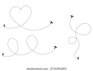 Ilustración vectorial creativa de varias rutas de viaje en avión con puntos que muestran viajes con pines de ubicación de inicio y símbolos de aeronaves que representan destinos y exploraciones globales