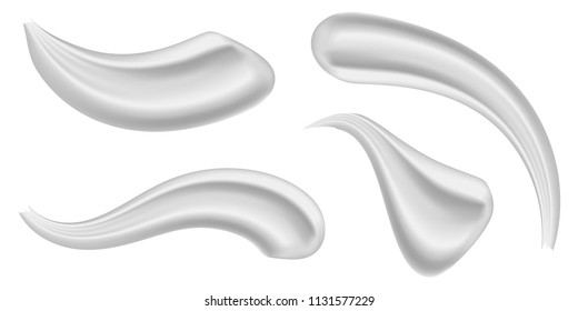 Creative vector illustration of various strokes beauty face cosmetic white cream texture set isolated on transparent background. Art design gel or foam drop. Abstract concept graphic element.