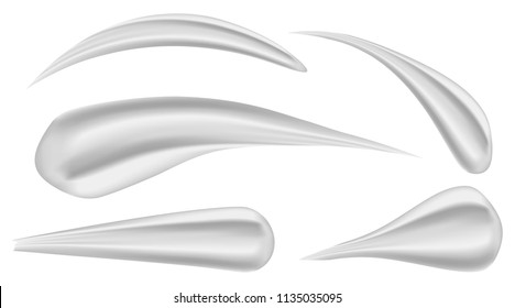 Creative vector illustration of various strokes beauty face cosmetic white cream texture set isolated on transparent background. Art design gel or foam drop. Abstract concept graphic element.