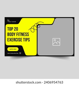 Creative vector illustration video thumbnail banner design, fitness body and yoga training tips and tricks video cover banner design, fully customizable vector eps 10 file format