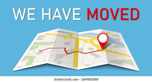 Creative vector illustration of we have moved, navigation, address map isolated on transparent background. Art design change location announcement template. Abstract concept pointer, GPS element