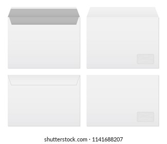 Creative vector illustration of white blank paper envelopes template set isolated on transparent background. International standard sizes. Art design empty example packing letter. Graphic element