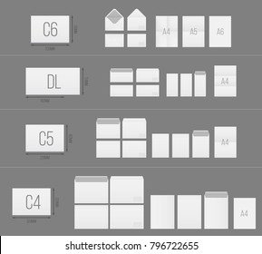 Creative vector illustration of white blank paper envelopes template set isolated on transparent background. International standard sizes. Art design empty example packing letter. Graphic element.