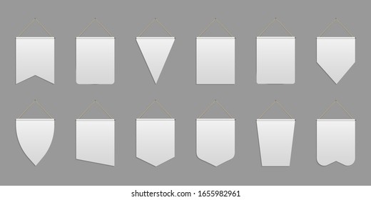 Creative vector illustration of white pennant, empty banners, hanging fabric flags, pennons isolated on background. Art design wall pennants template. Abstract concept advertising banner element