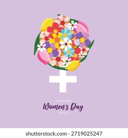 A creative vector illustration of a white Venus gender symbol filled with a colorful spring flower bouquet for International Women's Day.
