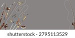 Creative vector illustration of a wide horizontal banner featuring various fishing rods hooks lures and lines on a dark background with empty space for your text. Vector illustration