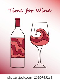 Creative vector illustration with a wine bottle and a glass of wine in the style of contemporary painting.art design for the menu or for decoration of restaurant,bar in contemporary style.Hand-drawn