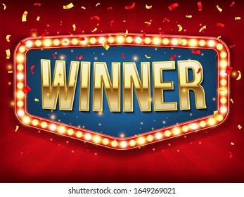 Creative vector illustration of Winner banner, lightbulb frame vintage background. Art design win congratulations template. Concept winners lottery, framed sign, jackpot, poker, roulette prize element