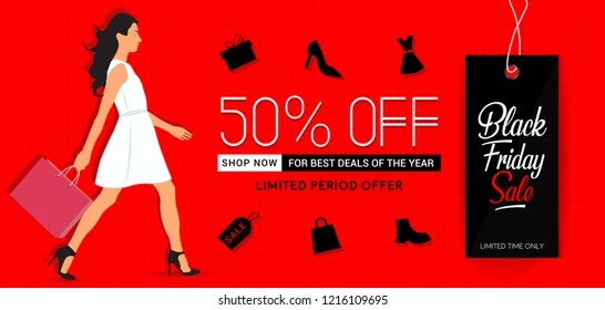 Creative vector illustration of a woman with shopping bag for black friday sale. Can be used as web banner, background, brochure, sticker, tag, cover, poster, flyer, badge and shopping promotions. 
