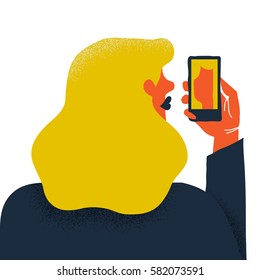 Creative vector illustration. Woman with the smart phone makes a selfie. Self love and narcissism concept.