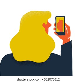 Creative vector illustration. Woman with a smartphone makes a selfie. Narcissism conecpt.
