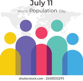 Creative vector illustration for World Population Day observed on July 11. Features diverse people from various backgrounds standing together, symbolizing global unity, human rights.