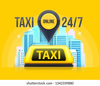 Creative vector illustration of yellow taxi service car roof sign on the street at night blurred lighting background. Art design template. Abstract concept graphic bokeh element