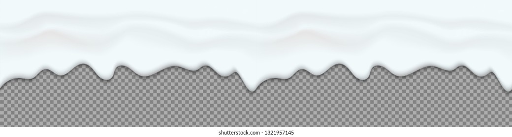 Creative vector illustration of yogurt creamy liquid drips, cream melt milk splash flowing seamless wide background with transparent. Art design sweet dessert flow layers. Abstract concept element