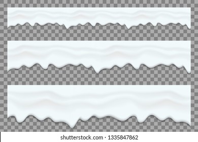 Creative vector illustration of yogurt creamy liquid drips, cream melt milk splash flowing seamless wide background with transparent. Art design sweet dessert flow layers. Abstract concept element