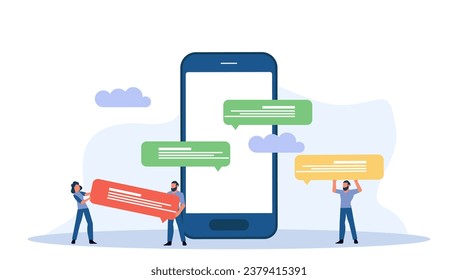 Ilustración vectorial creativa con jóvenes profesionales usando su smartphone para charlar con sus colegas en línea, discutiendo ideas de negocios y nuevas campañas de marketing, tecnología móvil 