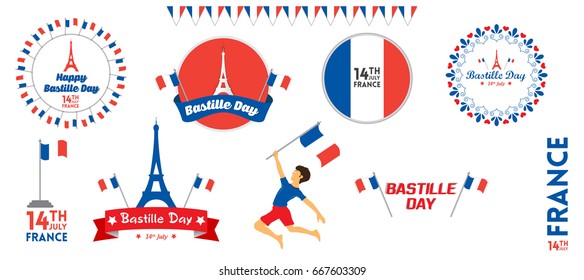 Creative Vector illustration,card,banner or poster for the French National Day.Happy Bastille Day greetings card design. 14th of july celebration. Set of france bastille day elements and objects. 