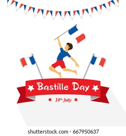 Creative Vector illustration,card,banner or poster for the French National Day.Happy Bastille Day greetings card design. 14th july independence day. boy jumping holding flag in hand