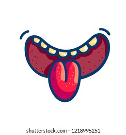 Creative vector image of character mouth showing tongue on white background