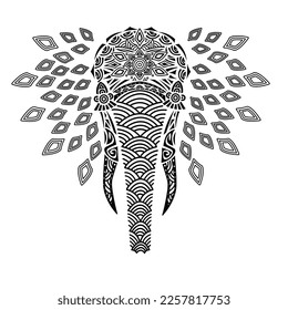 Imagen vectorial creativa de una cabeza de elefante con patrones geométricos negros. 