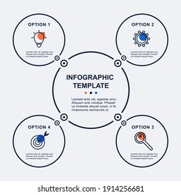 Infografía vectorial creativa con 4 opciones, pasos o procesos. Elementos planos de color de contorno sólido para infografía. Concepto de presentación, informe, flujo de trabajo, estrategia. Visualización de datos empresariales