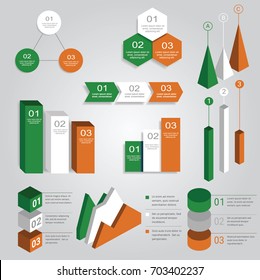 Creative vector infographics set, diagrams, graphs, bars, smart arts, charts, parts, steps... (Irish flag style)
