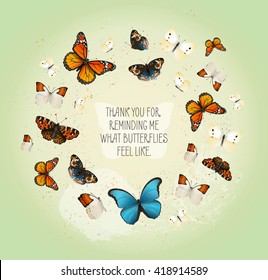Creative vector inspirational card with flying butterflies in a circle on a nice vintage background. Tender invitation design. Background for party postcard or t-shirt fabric.