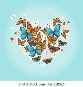 Creative vector inspirational card. Flying butterflies in the form of heart on a nice vintage blue background. Tender invitation design. Background for party postcard or t-shirt fabric.