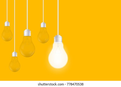 Creative vector of isolated light bulbs on yellow background. Art design illustration new ideas with innovation, creativity. Abstract concept graphic LED lightbulb element. Business leadership.