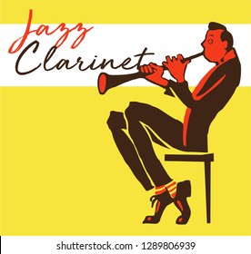 creative vector of jazz clarinet player. with stylized clarinet player figure, textured background and text jazz clarinet. great poster for jazz concert and festival.