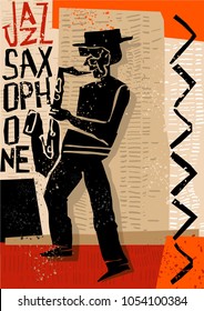 creative vector jazz saxophone player. with stylized saxophonist  figure, textured background and text jazz saxophone. great poster for jazz concert and festival.