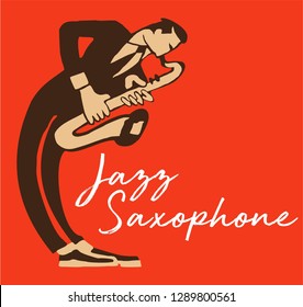 creative vector jazz saxophone player. with stylized saxophonist  figure, textured background and text jazz saxophone. great poster for jazz concert and festival.