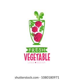Creative vector label for organic juice from beetroot. Healthy vegetarian drink. Fresh beverage in transparent glass